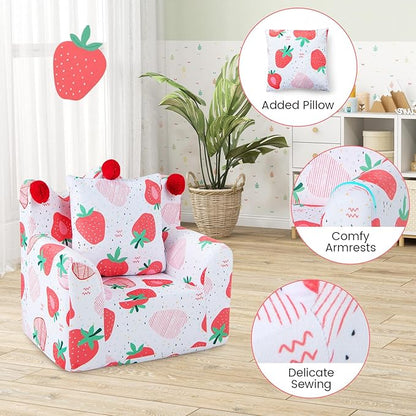 Costzon Kids Couch, Foam Filled Children's Sofa Armchair w/Padded Pillow, Washable Velvet Cover & Soft Sponge Filling, Upholstered Sofa Chair Gift for Preschool, Playroom, Toddler Couch (Strawberry)