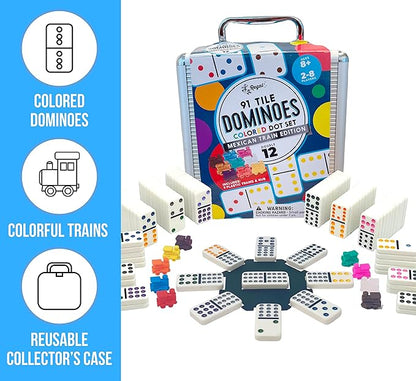 Regal Games - Double 12 Mexican Train Dominoes - Colored Dots Set - Fun Family-Friendly Dominoes Game - Includes 91 Tiles, Collector's Case & Plastic Hub w 9 Plastic Trains - Ideal for 2-8 Players