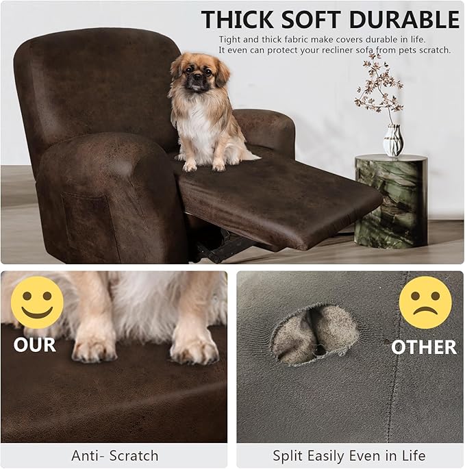 Leather Look Recliner Chair Covers Stay in Place 4-Piece Lazy Boy Recliner Slipcovers for Reclining Chair Furniture Protector Spandex Fabric Washable (X-Large, Dark Brown)