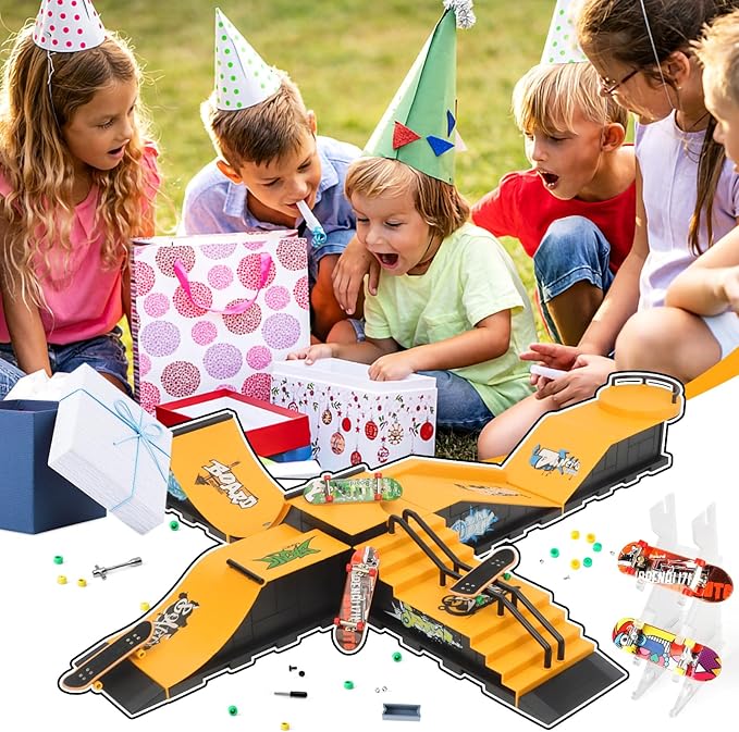 Finger Skateboard Ramps Set, 6-in-1 Bigger Fingerboard Skatepark Skate Park Kit Training Props with 6 Finger Skateboard 6 Finger Deck & Display Holder Finger Skate Toys for Kids & Adults Gifts