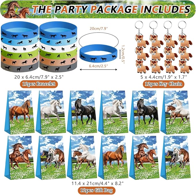 113 PCS Horse Party Favors Set, 41 Horse Stickers, 12 Goodie Bags,12 Button Badges, 12 Keychains, 12mini notepads,12 rubber bracelets for Cowboy Cowgirl Animal Horse Birthday Party Supplies (Blue)