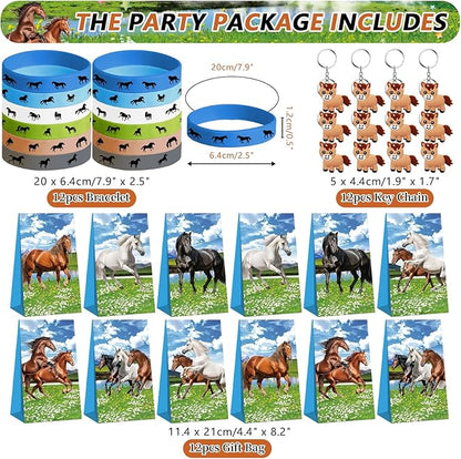 113 PCS Horse Party Favors Set, 41 Horse Stickers, 12 Goodie Bags,12 Button Badges, 12 Keychains, 12mini notepads,12 rubber bracelets for Cowboy Cowgirl Animal Horse Birthday Party Supplies (Blue)