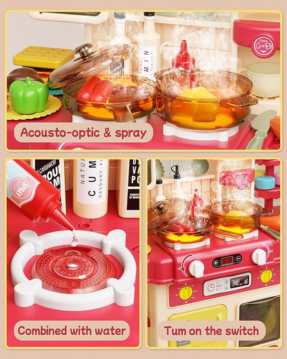 49Pcs Kitchen Playset for Boys & Girls, Kid Play Kitchen with Realistic Lights & Sounds, Spray Sink Toy Kitchen Accessories, Pretend Food Toys Kitchen for Toddlers(Red)