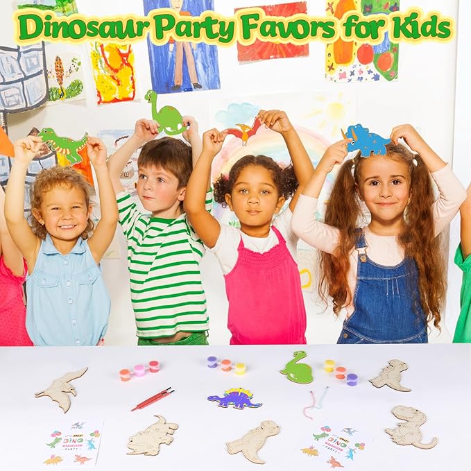 Dinosaur Party Favors for Kids – 12 Pack Dino Painting Kits Wooden Keychains Arts and Crafts for Kids, Birthday Party Rerturn Gifts Goodie Bag Filler Pinata Stuffers Activities Toy Classroom Prizes