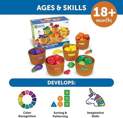 Learning Resources Farmer’s Market Color Sorting Set - 30 Pieces Age 18+ Months Toddler Learning Toys, Sorting Toys for Kids, Play Food,Easter Basket Stuffers