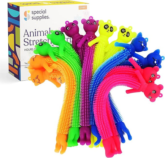 Special Supplies Kid’s Sensory Toys Fidget Strings with Cute Animal Faces, Set of 12, Tactile Stimulation for Hand-Eye Coordination, Textured Stretchy Silicone, Fun for Girls and Boys