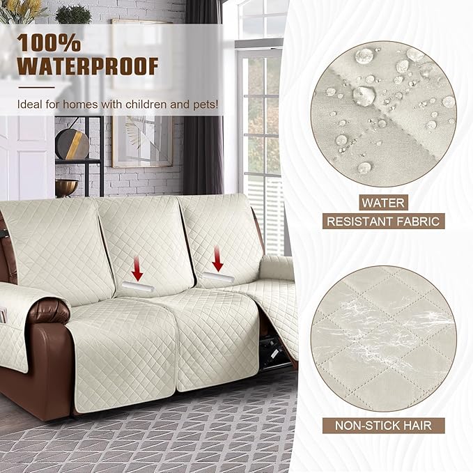KinCam Waterproof Recliner Sofa Cover, Non-Slip Reclining Couch Covers for 3 Seat, Recliner Couch Cover Furniture Protector with Elastic Straps for Pets, Kids, Ivory