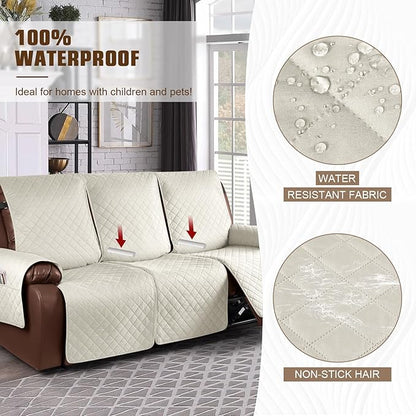 KinCam Waterproof Recliner Sofa Cover, Non-Slip Reclining Couch Covers for 3 Seat, Recliner Couch Cover Furniture Protector with Elastic Straps for Pets, Kids, Ivory