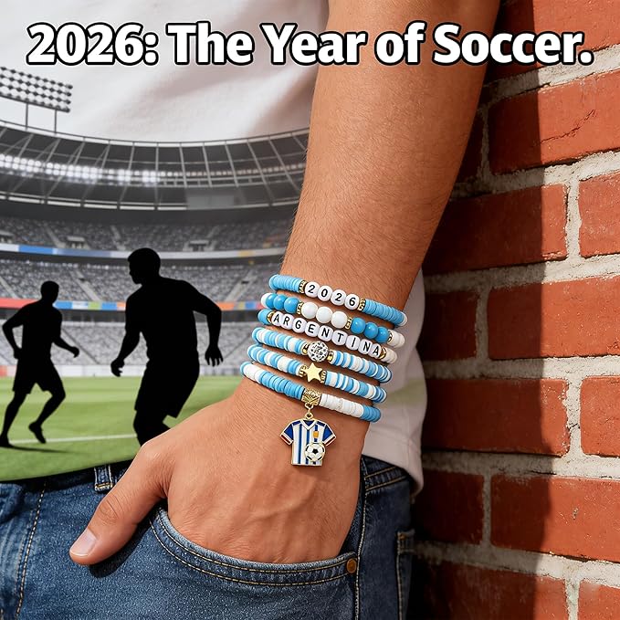 OHOME Soccer Party Favors - 6 Pack Argentina Soccer Bracelets | Soccer Mom Essentials - 2026 Soccer Game Day Jewelry Accessories Outfits for Women Men - Soccer Gifts for Fans Players Coaches Team