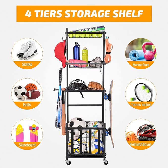 PLKOW Sports Equipment Storage for Garage, Indoor/Outdoor Sports Rack for Garage, Ball Storage Garage Organizer with Basket and Hooks,Toy/Sports Gear Storage