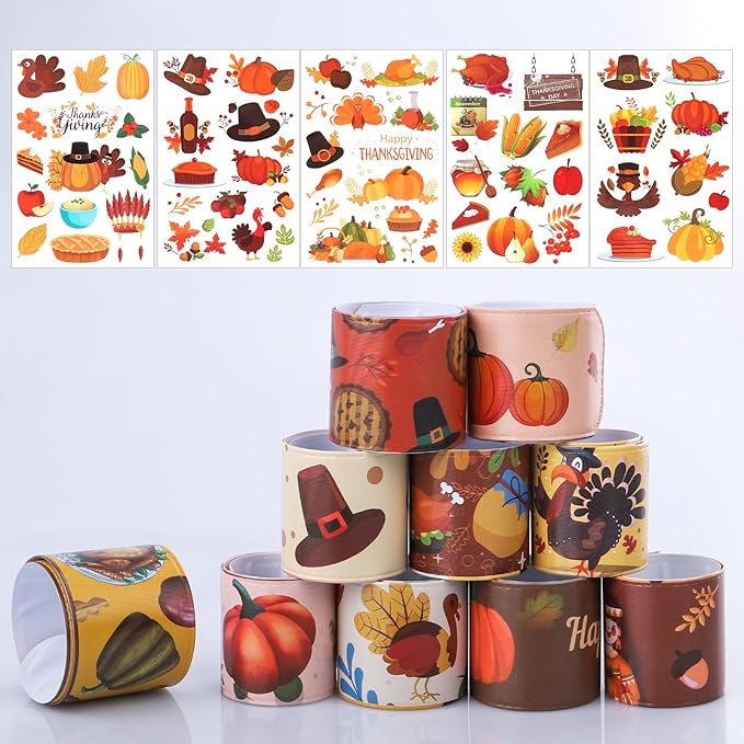 40PCs Thanksgiving Slap Bracelets for Kids with Thanksgiving Tattoo, Turkey Pumpkin Autumn Maple Leaf Snap Band for Fall Party Favors Decor