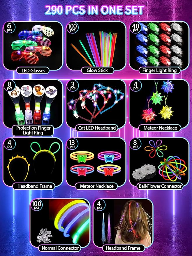 JOJUJB 290PCS Glow in the Dark Party Supplies for Kids Adults,Light Up Party Favors with Light Up Toy Glasses,100 Glow Sticks Bulk Party Pack DIY Glow Necklaces,Bracelets