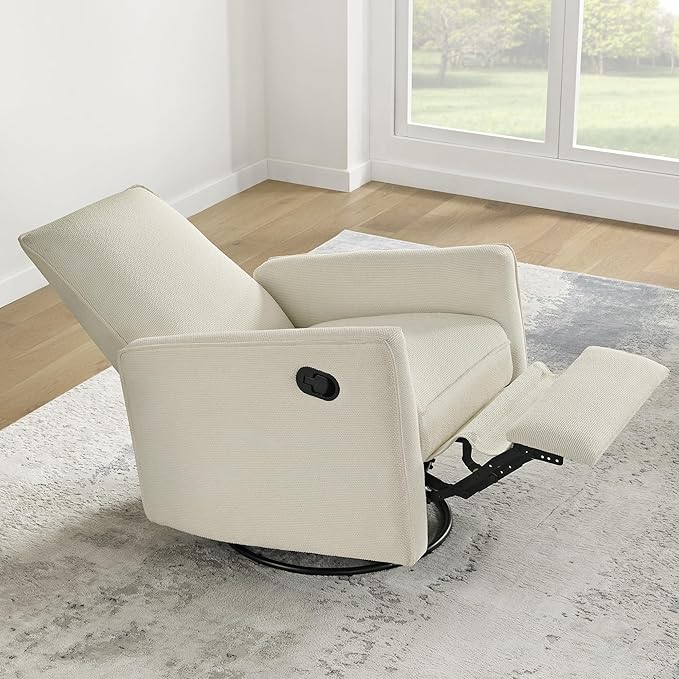 Upholstered Recliner Swivel Glider Nursery Chair Reclining Performance Fabric Rocker with Metal Base,Basketweave,Cream
