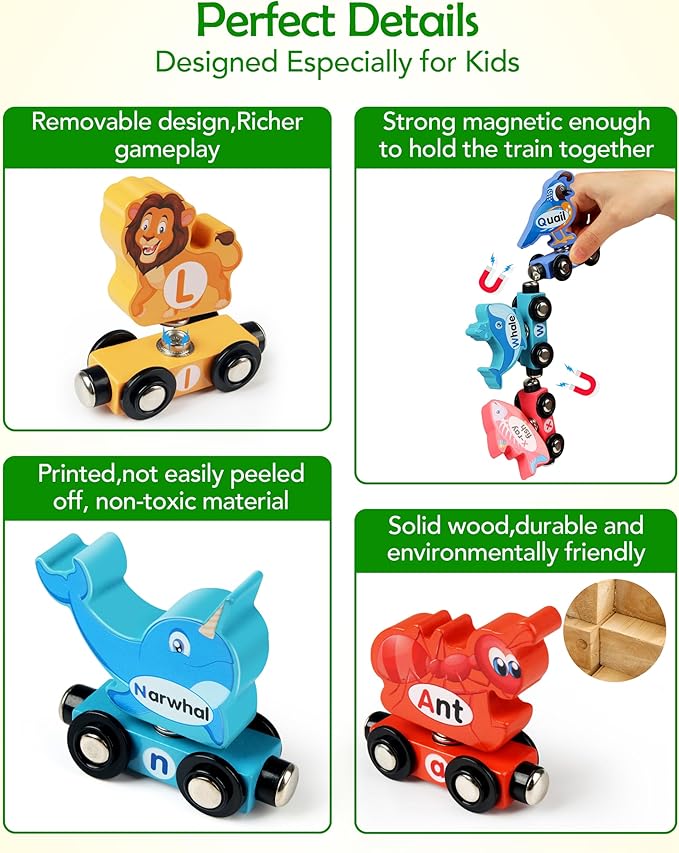 Vanmor Wooden Train Set for Toddlers - Snap-Connection Animal Trains, Magnetic Alphabet Train Learning Toys, STEM Preschool Toys, ABC and Animal Play Set for Kids Ages 3-5