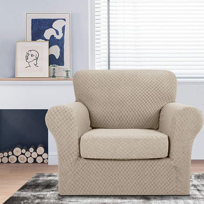 MAXIJIN 2 Piece Jacquard Chair Covers with Arms Super Stretch Non Slip Chair Slipcover for Living Room Dogs Pet Friendly Elastic Sofa Couch Protector Armchair Cover (Chair, Khaki)