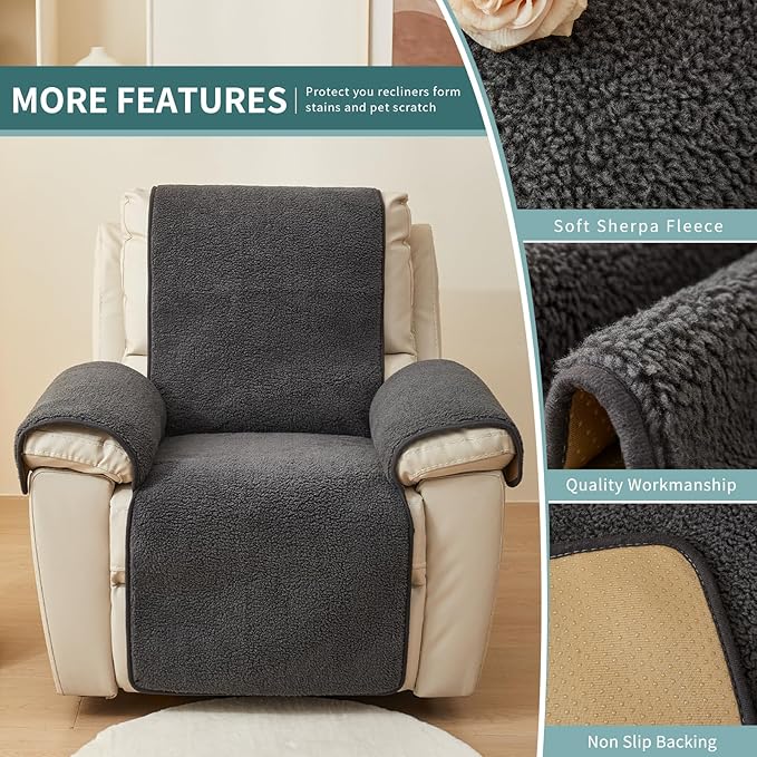 vctops Sherpa Fleece Recliner Chair Cover Super Soft Warm Plush Sofa Slipcover Furniture Protector Non Slip Washable Reclining Chair Cover for Kids, Pets (Dark Grey,30"x91")