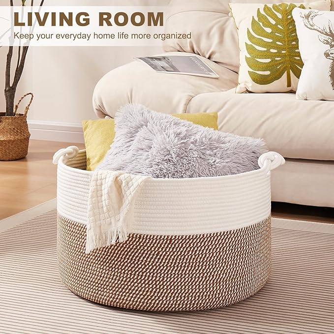 OIASKET Large Blanket Storage Basket for Living Room, 22.8" x 22.8" x 13" Woven Cotton Rope Basket with Handles, Baby Toy Storage, Laundry Hamper for Clothes, Pillows, Towels-Yellow and White