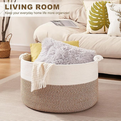 OIASKET Large Blanket Storage Basket for Living Room, 22.8" x 22.8" x 13" Woven Cotton Rope Basket with Handles, Baby Toy Storage, Laundry Hamper for Clothes, Pillows, Towels-Yellow and White