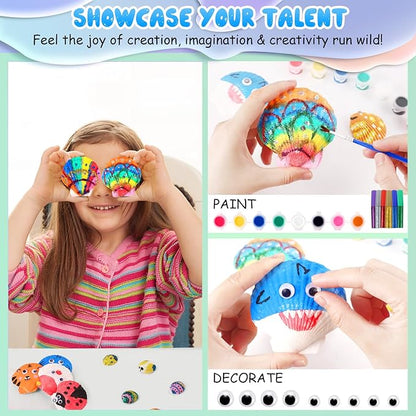 Sea Shell Painting Kit for Kids, Christmas Birthday Gifts for Girls Boys Toys for Ages 4 5 6 7 8 9, Children DIY Creative Activity Art Toys with Refrigerator Magnets, 4-12 Year Old Arts & Crafts Gifts