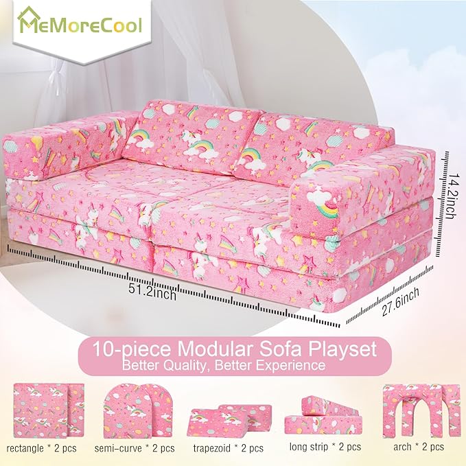 MeMoreCool Toddler Couch, 10-Piece Modular Play Sofa for Playroom, Fold Out Kids Couch for Girl Boy, Glow Colorful Unicorn