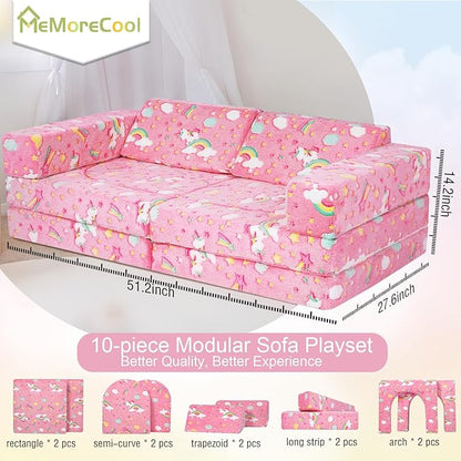 MeMoreCool Toddler Couch, 10-Piece Modular Play Sofa for Playroom, Fold Out Kids Couch for Girl Boy, Glow Colorful Unicorn
