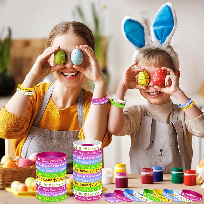 NEBURORA 48 Pcs Easter Rubber Bracelets Bunny Rabbit Egg Chick Flower Carrot Silicone Wristbands for Spring Happy Easter Party Favors Baskets Stuffers Egg Fillers
