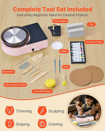 VEVOR Pottery Wheel for Kids Adults and Beginners - Complete Pottery Kit with 6" Turntable with Two-Way Rotation, Air Clay Art Supplies Sculpting Tools for Girls Birthday Christmas Craft Gifts, Pink