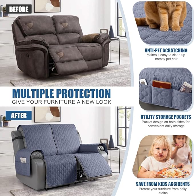 TAOCOCO 100% Waterproof Recliner Covers, Recliner Sofa Covers with Leg Straps, Reversible Recliner Couch Cover for Reclining Chair, Washable Couch Protector for Pets Kids(2 Seater, Bluish Gray)