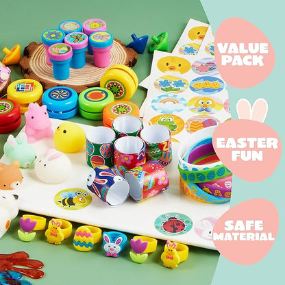 JOYIN 72Pcs Easter Party Favors Set, Sticky Hands, Stampers, Bracelets, Keychains, Rings, Sticker for Easter Basket Stuffers, Easter Goodie Bag Fillers, Classroom Prize Supplies, Easter Egg Toy
