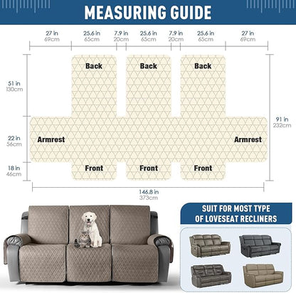 TAOCOCO 100% Waterproof Recliner Sofa Cover-Non Slip Split Couch Covers for Reclining Couches with Elastic Straps,Couch Covers for 3 Cushion Couch Sofa Pet Friendly(Taupe, 3 Seater)