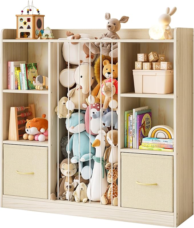 EXPERLAM Toy Storage Organizer with Stuffed Animal Storage, Wooden Toy Organizer & Stuffed Animal Zoo, 6 Cubes Shelf with Removable Drawers, 4 -in-1 Book Shelf for Kids Room, Playroom, Nursery