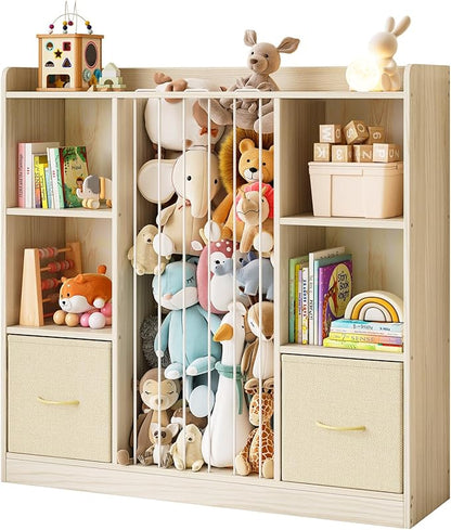 EXPERLAM Toy Storage Organizer with Stuffed Animal Storage, Wooden Toy Organizer & Stuffed Animal Zoo, 6 Cubes Shelf with Removable Drawers, 4 -in-1 Book Shelf for Kids Room, Playroom, Nursery