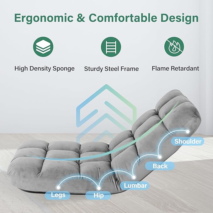 YSSOA Folding Floor Chair with Back Support Convertible Comfy Chair Game Memory Foam Padded Sleeper Recliner Sofa Chair for Bedroom Gaming Working Meditation Reading Adults Kids Grey