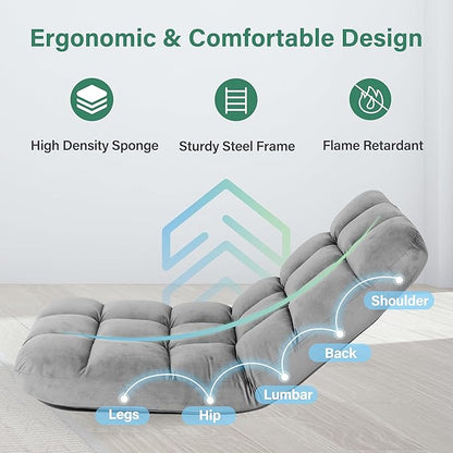 YSSOA Folding Floor Chair with Back Support Convertible Comfy Chair Game Memory Foam Padded Sleeper Recliner Sofa Chair for Bedroom Gaming Working Meditation Reading Adults Kids Grey