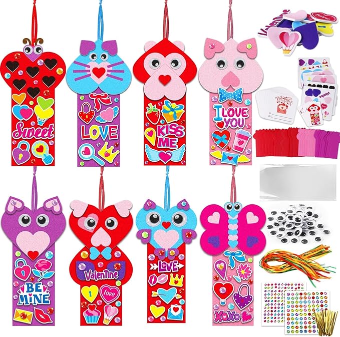 Qyeahkj 32 Sets Valentine's Day Bookmarks Foam Craft Kit for Kids Heart Bookmarks DIY Craft Animal Face Heart Owl Foam Stickers for Kids Classroom Home Activity Valentine Gift Party Favor Decorations