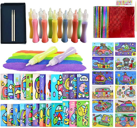 JKanruh 48 Pcs Art Kits,12 Color Sand Art Kits with 24 Sheets Sand Art Painting Cards,12 Sheets Magic Sticker Painting Set for Arts and Crafts,DIY Painting,Drawing