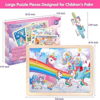 Jigsaw Puzzles Wooden Puzzles for Girls Ages 3-5 Unicorn Mermaid Princess Fairy Puzzle Preschool Educational Brain Teaser Boards Toys Gifts for 3 4 5 6 Year Old Kids 4 Packs 24 Pcs
