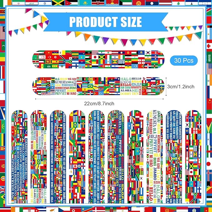 Outus 60 Pcs International World Flags Party Favors Around the World Supplies Prizes Include 30 World Flags Slap Bracelets 30 Country World Flag Button Pins for Flags Gift Bag Fillers Gifts
