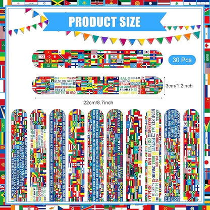 Outus 60 Pcs International World Flags Party Favors Around the World Supplies Prizes Include 30 World Flags Slap Bracelets 30 Country World Flag Button Pins for Flags Gift Bag Fillers Gifts