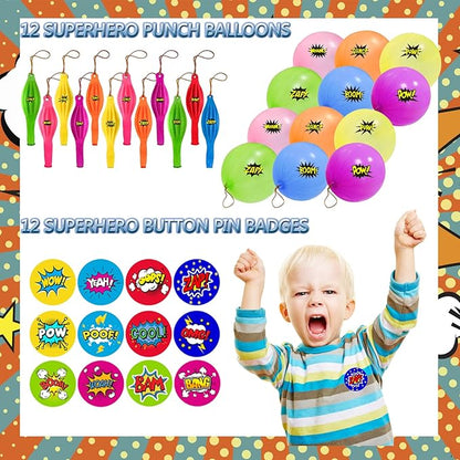 122 Pcs Superhero Party Favors with Slap Bracelets,Punch Balloons,Superhero Stickers,Button Pin Badges,Notepads,Pen,Finger Lights for Superhero Themed Goody Bag Stuffer Class Prize