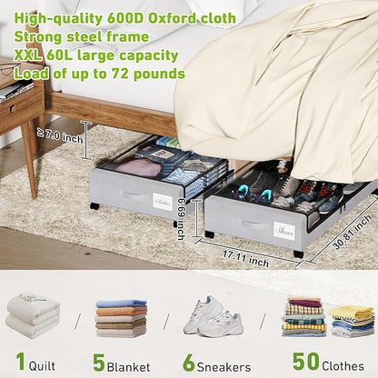 Tututry Under Bed Storage with Wheels, XXL 60L Under the Bed Storage Bins, Underbed Storage Containers with Lids & Label, Rolling Metal Drawer for Shoes, Clothes, Books, Toys (4-Pack Gray)