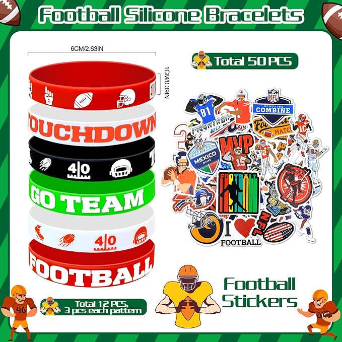 122Pcs Football Party Favors Football Goodie Bags Stuffers with Stress Ball Keychain Tattoo Sticker Silicone Bracelet for Football Birthday Party Supplies