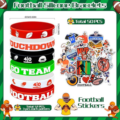 122Pcs Football Party Favors Football Goodie Bags Stuffers with Stress Ball Keychain Tattoo Sticker Silicone Bracelet for Football Birthday Party Supplies