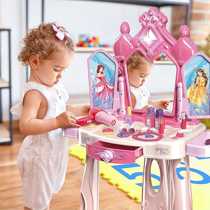 Pretend Play Girls Makeup Table Set with Stool，Open Doors by Gestures，Kids Vanity Set with Lights and Music，Toddler Beauty Salon Set with Makeup Accessories & Hair Dryer，Toy for Toddlers 2-5 Years Old