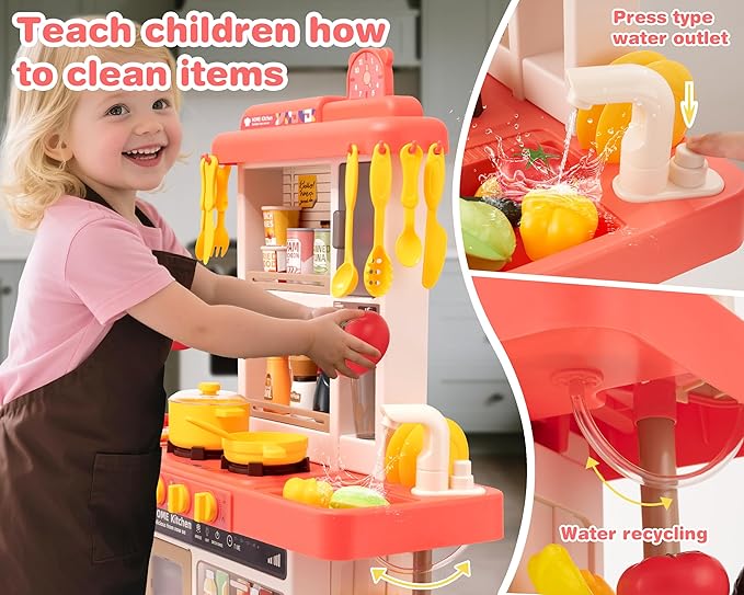 Kids Kitchen Play Set，Interactive Kids Kitchen Play Set with 50Pcs of Pretend Kitchen Toys，Realistic Sound Effects，and Simulated Functionality - Suitable for Toddlers Aged 3-5 Years(Pink)