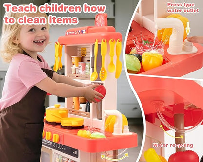 Kids Kitchen Play Set，Interactive Kids Kitchen Play Set with 50Pcs of Pretend Kitchen Toys，Realistic Sound Effects，and Simulated Functionality - Suitable for Toddlers Aged 3-5 Years(Pink)