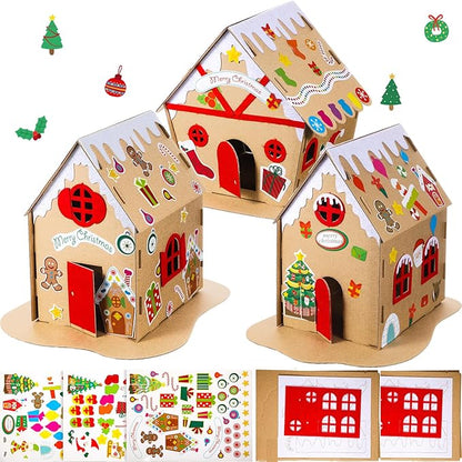3 Sets Christmas Gingerbread House Kit Kids Christmas Craft Kit Cardboard Gingerbread House Decor Christmas Craft House Make a Gingerbread House Holiday Crafts for Christmas Party DIY Craft Supplies