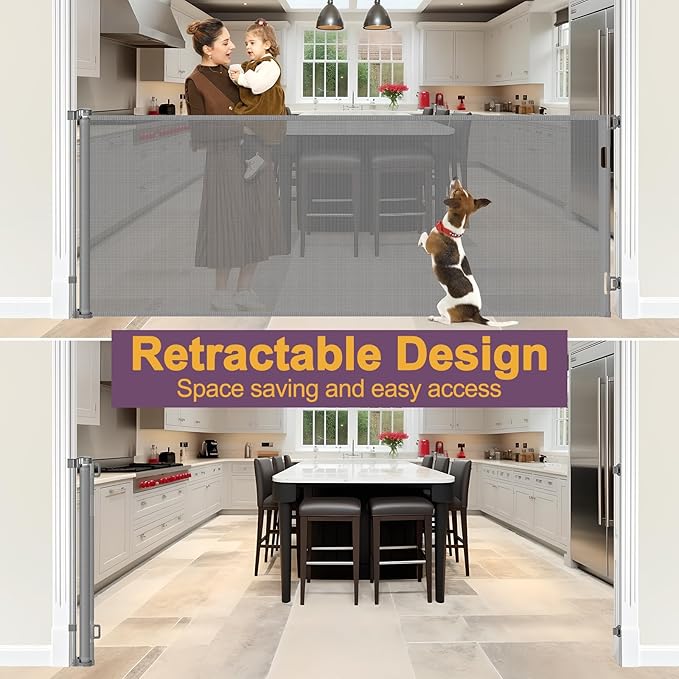 42" Tall X 80" Wide Retractable Dog Gates for Large Openings Extra Tall Retractable Baby Gates for Doorways Extra Tall Pet Gate Indoor Outdoor Long Baby Gate Large Mesh Dog Gate (Gray)