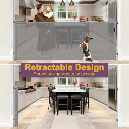 42" Tall X 80" Wide Retractable Dog Gates for Large Openings Extra Tall Retractable Baby Gates for Doorways Extra Tall Pet Gate Indoor Outdoor Long Baby Gate Large Mesh Dog Gate (Gray)