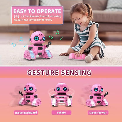 Robot Toys for Boys and Girls, Rechargeable Remote Control Robot with Auto-Demonstration, Light Projection, Dance Moves, Music, and Gesture Sensing –Toy Robot Gifts for 6+ year old Girls (Pink)